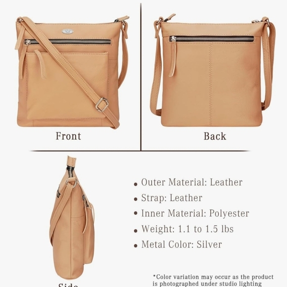 Luxeoria Pebble Grain Leather Crossbody Bag Light Peach Tan Beige Classic Medium - Picture 13 of 16